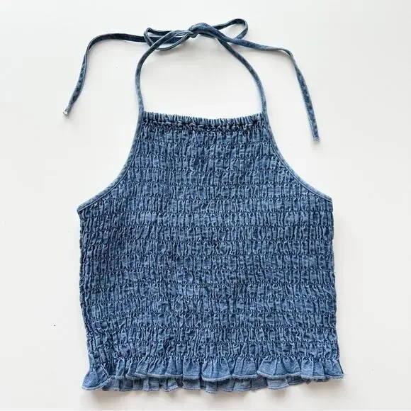 American Eagle Smocked Blue Denim Halter Top - Picture 2 of 10